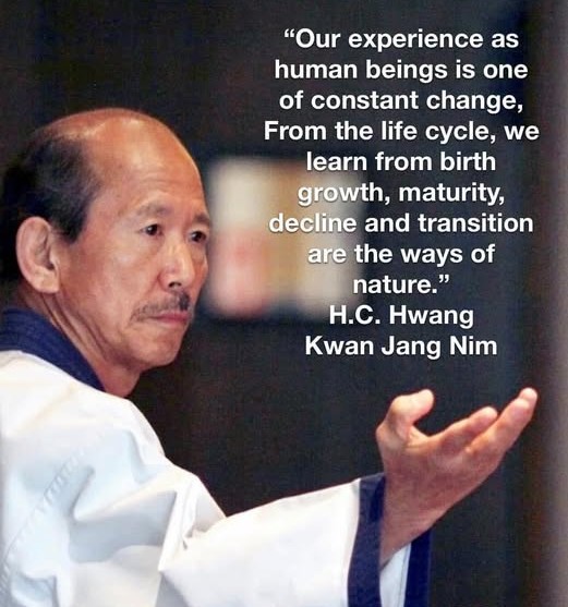 A man in traditional martial arts attire expresses a philosophical thought about life changes, accompanied by a poignant quotation on growth and transition.