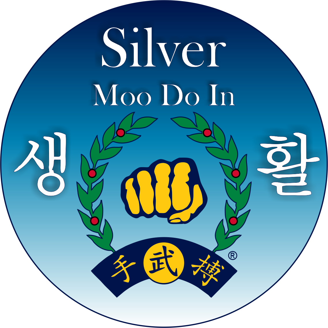 A circular emblem featuring the text 'Silver Moo Do In', a clenched fist, and decorative leaves against a blue gradient background.